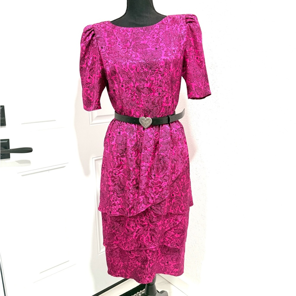 Maggy London vintage tiered Fuchsia‎ Floral Midi Dress 8